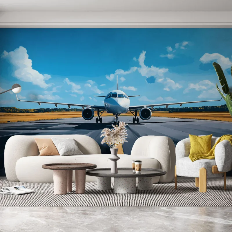 Bon Marché Papier peint avion Avion moderne sur une piste d‘atterrissage sous un ciel bleu