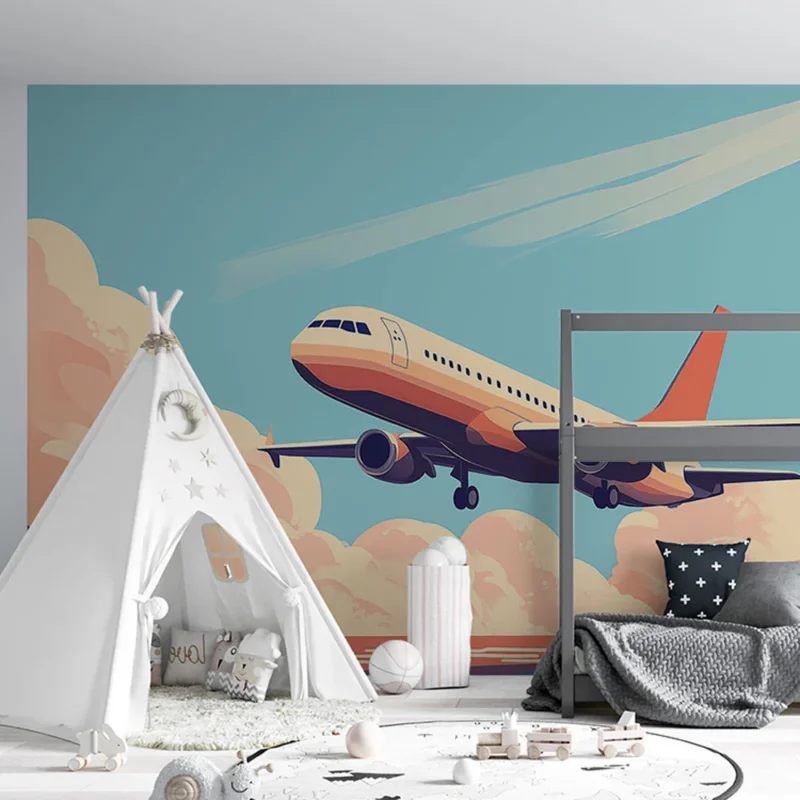 Nouveauté Papier peint avion Illustration d‘un avion survolant des nuages colorés