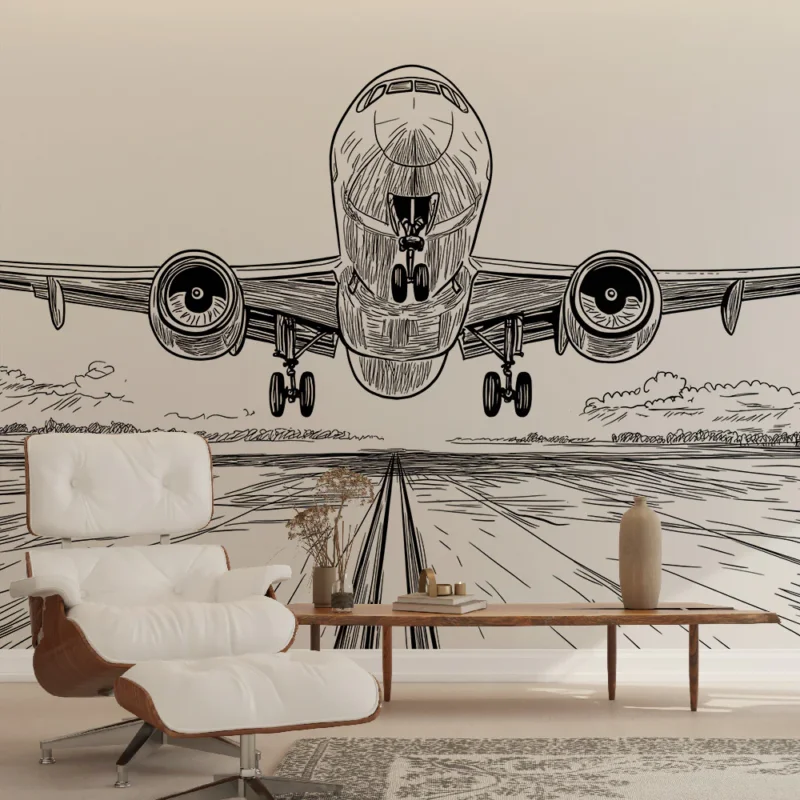 Nouveauté Papier peint avion Illustration stylisée d‘un avion en vol sur une piste