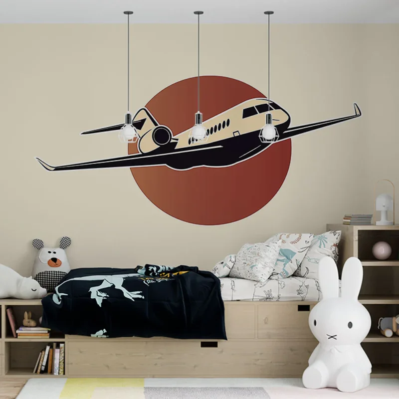 Papier peint avion vintage Avion stylisé sur fond circulaire rouge Usine Directe