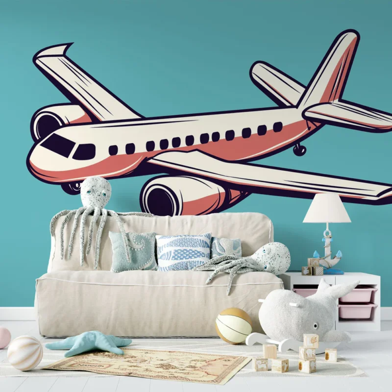 Papier peint avion Design rétro d’un avion coloré sur fond turquoise Nouvelle Collection