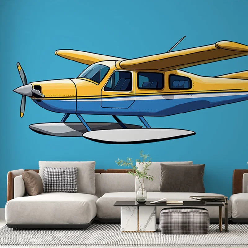Papier peint avion Avion jaune et bleu sur fond bleu Petit Prix