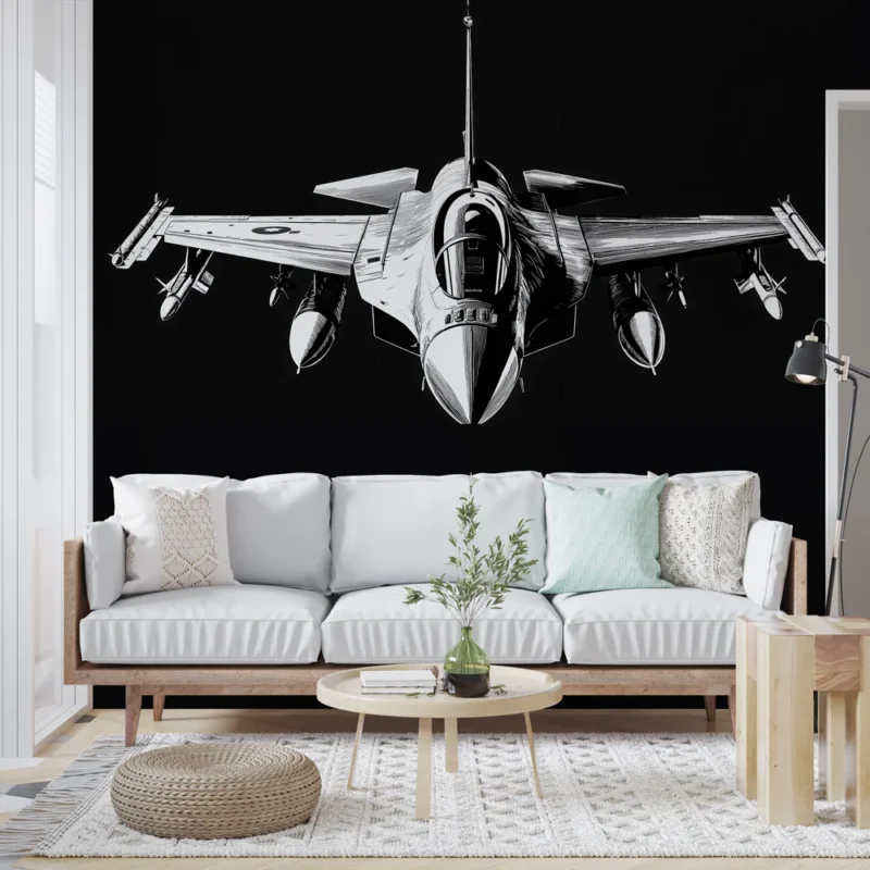 Papier peint avion de chasse Illustration stylisée d‘un avion militaire en noir et blanc Prix Réduit