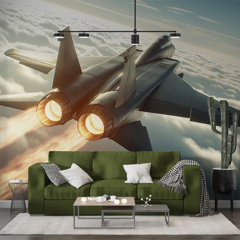 Marque Papier peint avion de chasse en vol Vue dynamique d‘un avion de chasse au-dessus des nuages