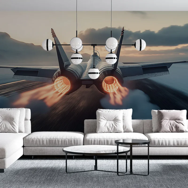 Papier peint avion de chasse Décollage en pleine vitesse sur un fond montagneux Pas Cher