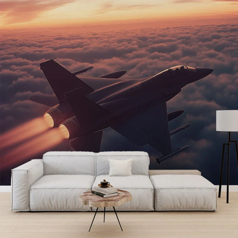 Papier peint avion de chasse en vol Vol au-dessus des nuages au coucher de soleil Satisfait Ou Remboursé