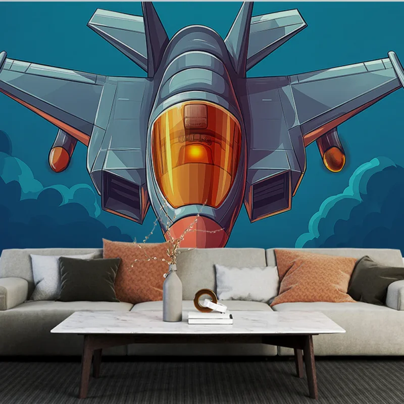 Papier peint avion Illustration d‘un avion futuriste sur fond nuageux Vente Directe