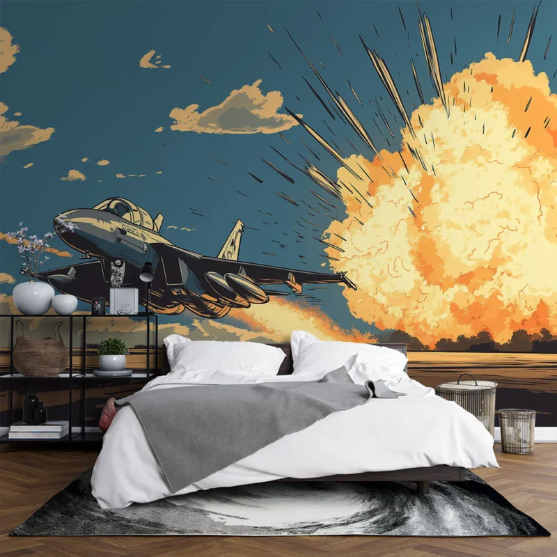 Acheter Direct Papier peint avion militaire Avion de chasse en action avec explosion spectaculaire