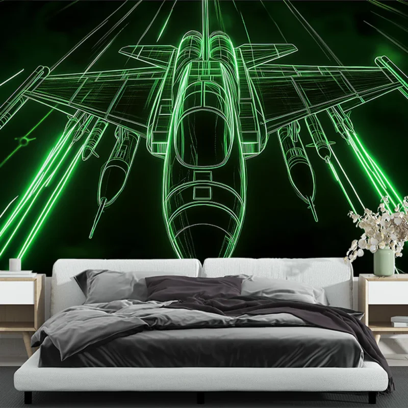 Papier peint avion futuriste Design linéaire d‘un jet avec effets lumineux verts Seulement Aujourd'hui