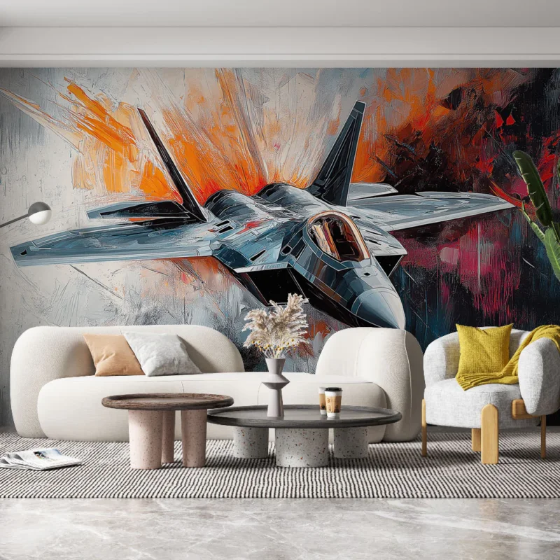 Papier peint avion de chasse Illustration dynamique d‘un avion de chasse sur fond explosif Bon Plan