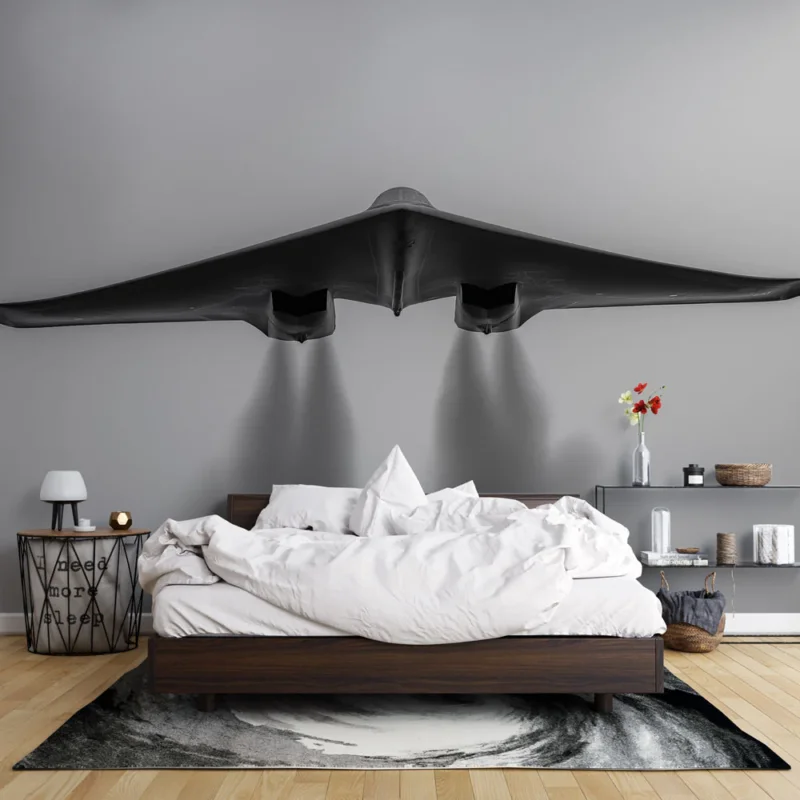 Offre Limitée Papier peint avion futuriste Silhouette d‘un avion à la forme aérodynamique dans un ciel brumeux