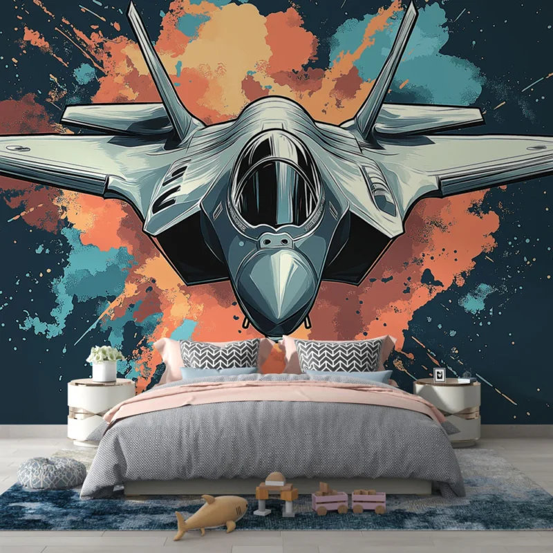 Papier peint avion de chasse Illustration dynamique d‘un avion moderne sur fond coloré Vente Directe