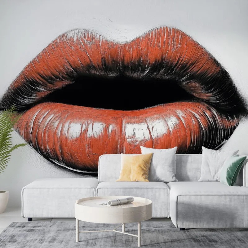 Papier peint bouche Graphisme audacieux de lèvres rouge orangé sur fond blanc Meilleure Vente