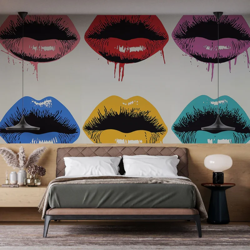 Papier peint bouches colorées Motif pop art de lèvres éclatantes avec effets de dripping Produit De Marque
