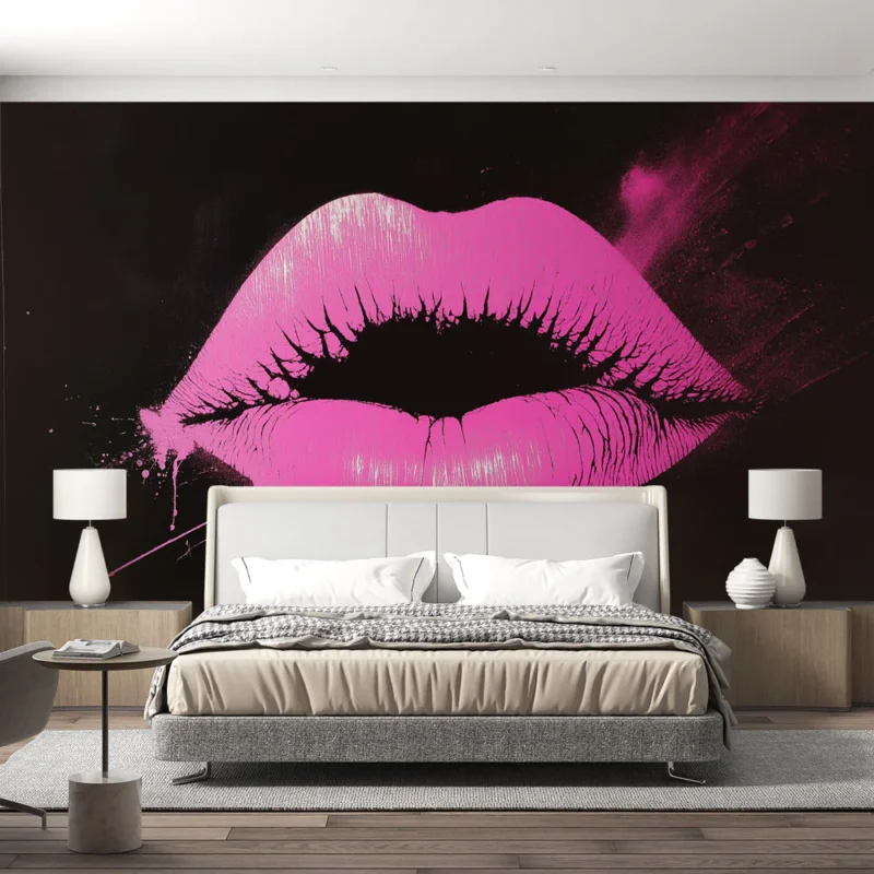 Papier peint bouches roses Design audacieux avec des lèvres brillantes sur fond noir Top Vente