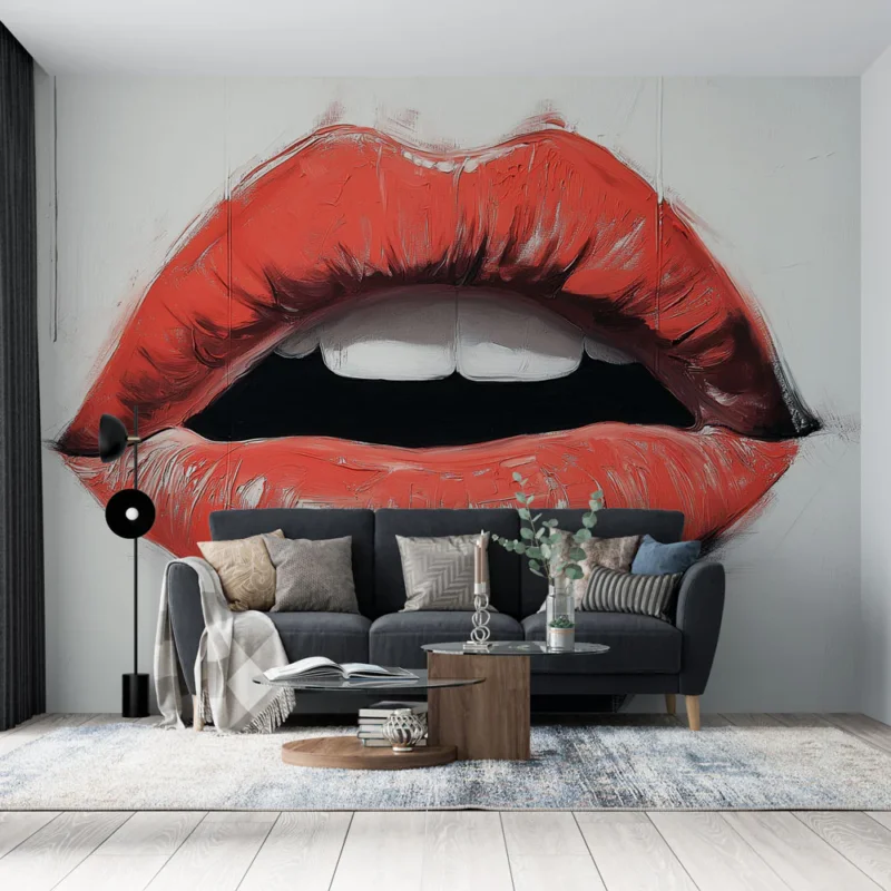 Marque Papier peint bouches rouges Design artistique de lèvres sur fond blanc