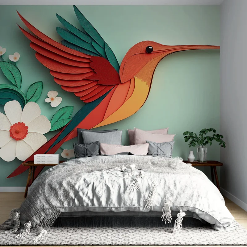 Dernière Chance Papier peint colibri Œuvre artistique en papier avec un colibri coloré et des fleurs