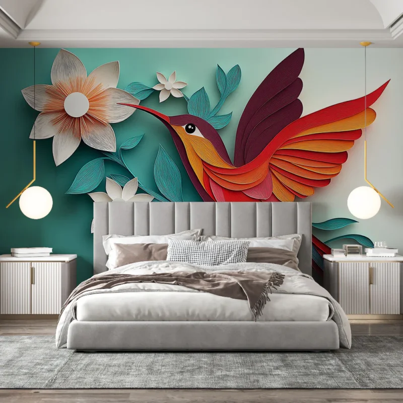 Must-Have Papier peint colibri Colibri coloré et fleurs en papier découpé