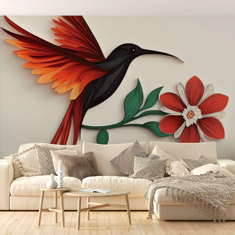 Papier peint colibri Art en papier coloré avec un colibri vibrant et une fleur rouge Populaire