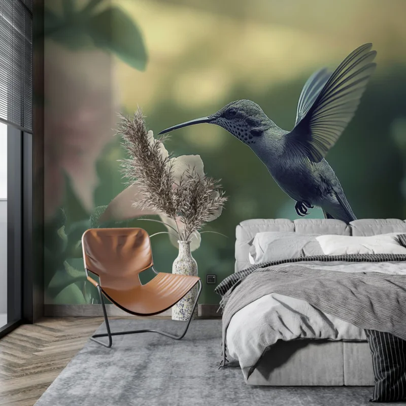 Papier peint colibri Colibri en vol devant des fleurs délicates Satisfait Ou Remboursé