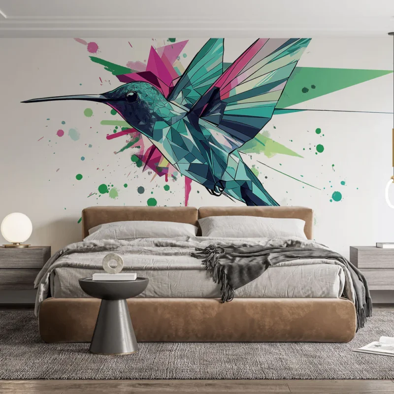 Papier peint colibri Illustration géométrique colorée d‘un colibri en vol Certifié