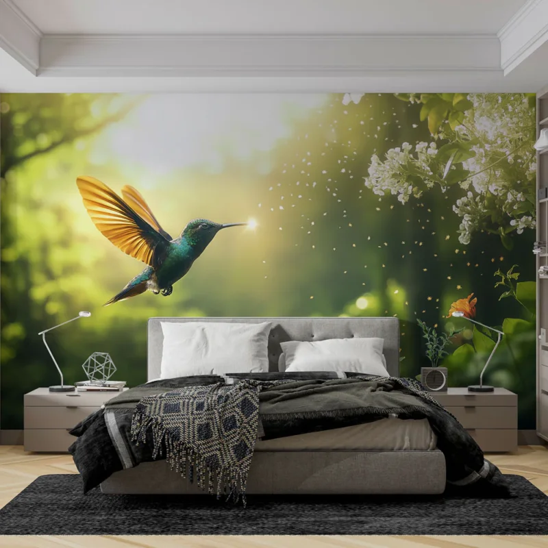 Papier peint colibri Scène féerique avec un colibri volant au-dessus de fleurs Offre Du Jour