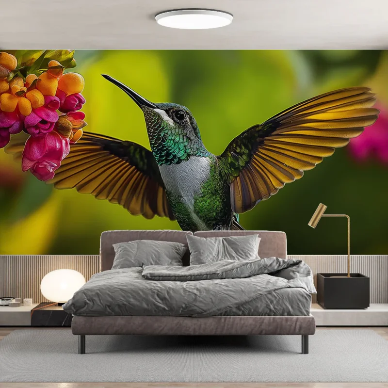 Commander Maintenant Papier peint colibri Colibri vibrant s‘épanouissant parmi des fleurs colorées