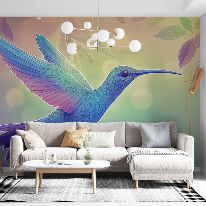 Papier peint colibri Illustration colorée d‘un colibri sur un fond pastel Réduction