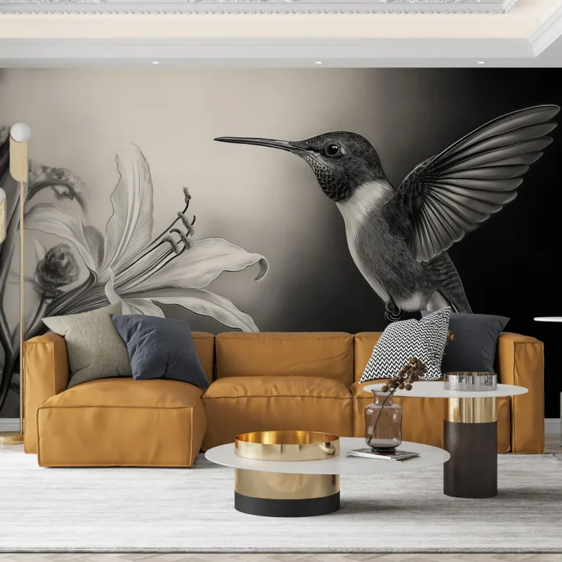 Papier peint colibri et fleur Illustrations monochromes d‘un colibri et d‘une fleur élégante Produit De Marque