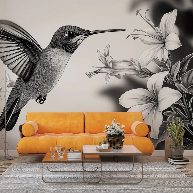 Papier peint colibri Illustration monochrome d‘un colibri et de fleurs élégantes Solde