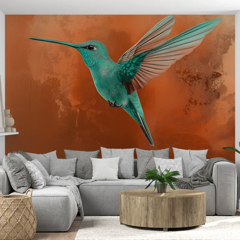 Papier peint colibri Colibri turquoise sur fond cuivré Offre Du Jour