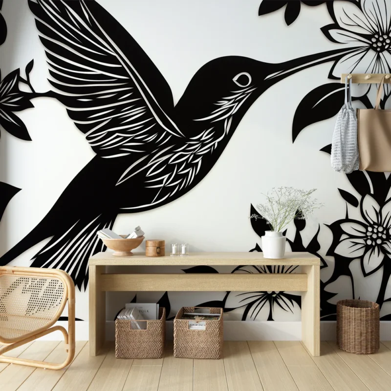 Papier peint colibri Design élégant en noir et blanc avec colibri et fleurs Bon Marché