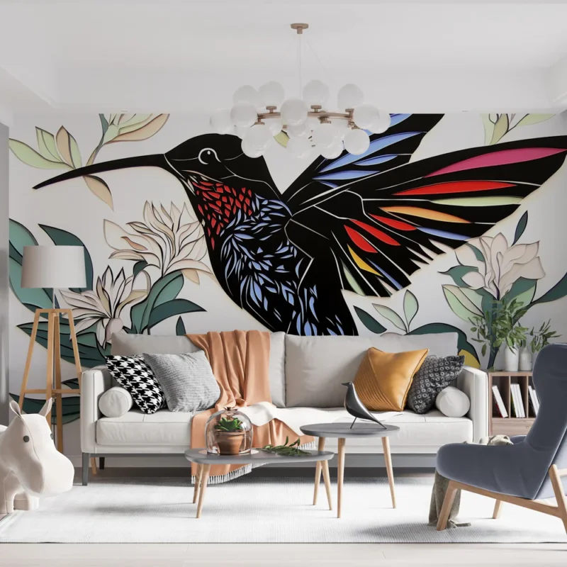 Livraison Express Papier peint colibri Illustration artistique d‘un colibri coloré sur fond floral