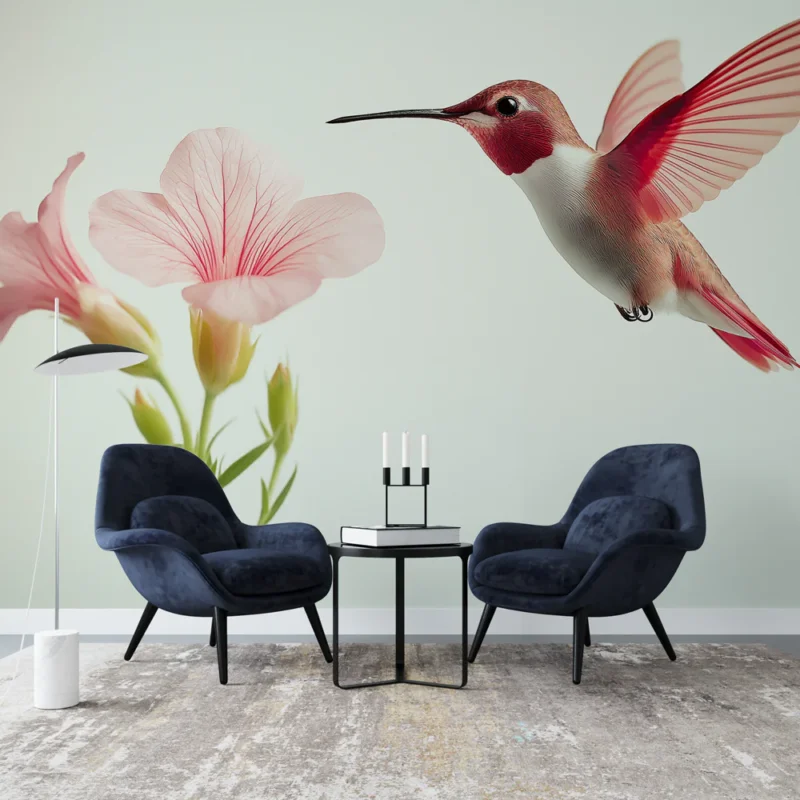 Papier peint colibri et fleurs Colibri élégant volant vers des fleurs roses délicates Solde