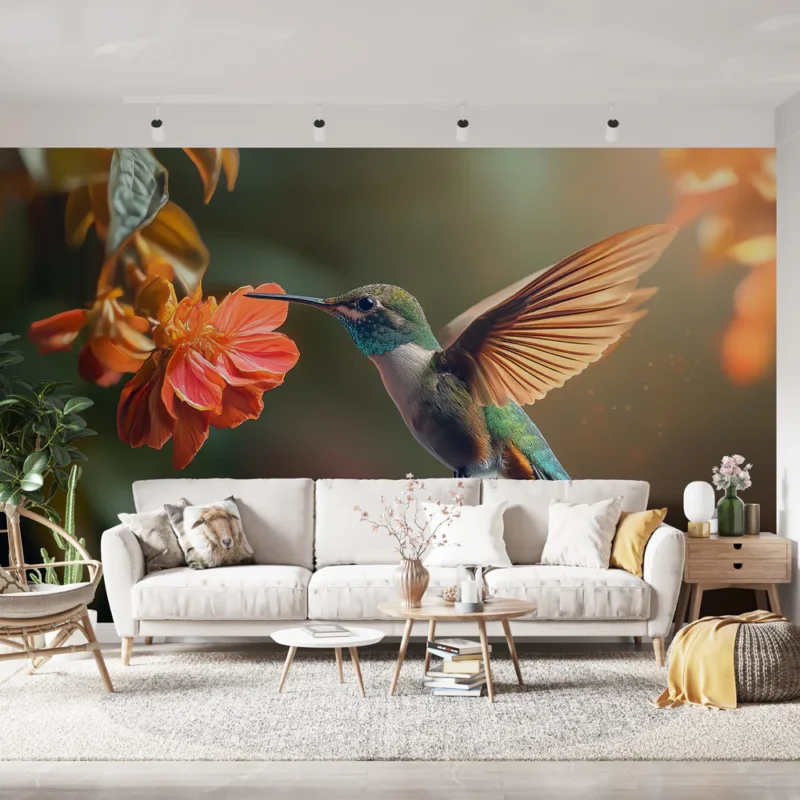 Papier peint colibri Colibri vibrant en plein vol vers une fleur éclatante Seulement Aujourd'hui