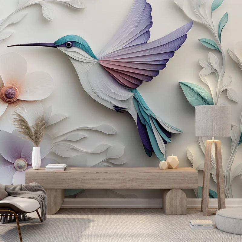 Offre Exclusive Papier peint colibri Élégant motif de colibri entouré de fleurs délicates