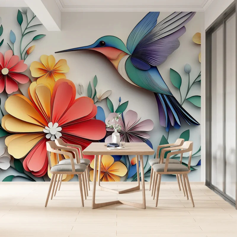 Papier peint colibri Un colibri coloré entouré de fleurs en papier découpé Jusqu'à Épuisement Des Stocks