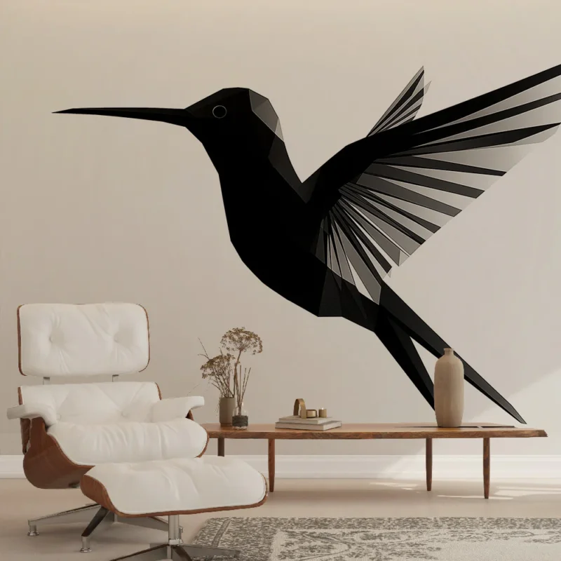 Papier peint colibri géométrique Motif de colibri en style polygonal noir et blanc Super Prix