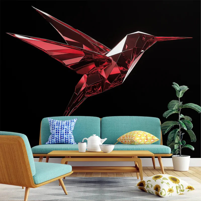 Papier peint colibri Colibri en cristal rouge dans un design géométrique moderne Produit De Marque