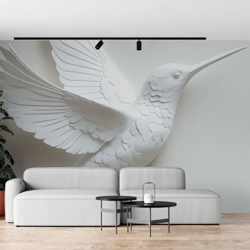 Papier peint colibri Oiseau en relief stylisé et élégant en blanc Usine Directe