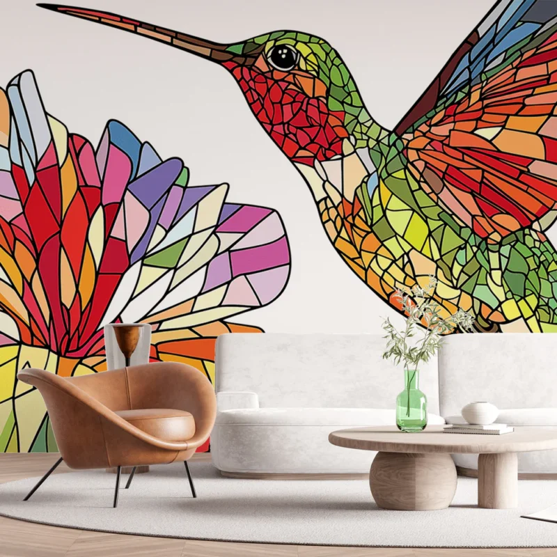 Certifié Papier peint colibri Motif coloré de colibri et fleur abstraite