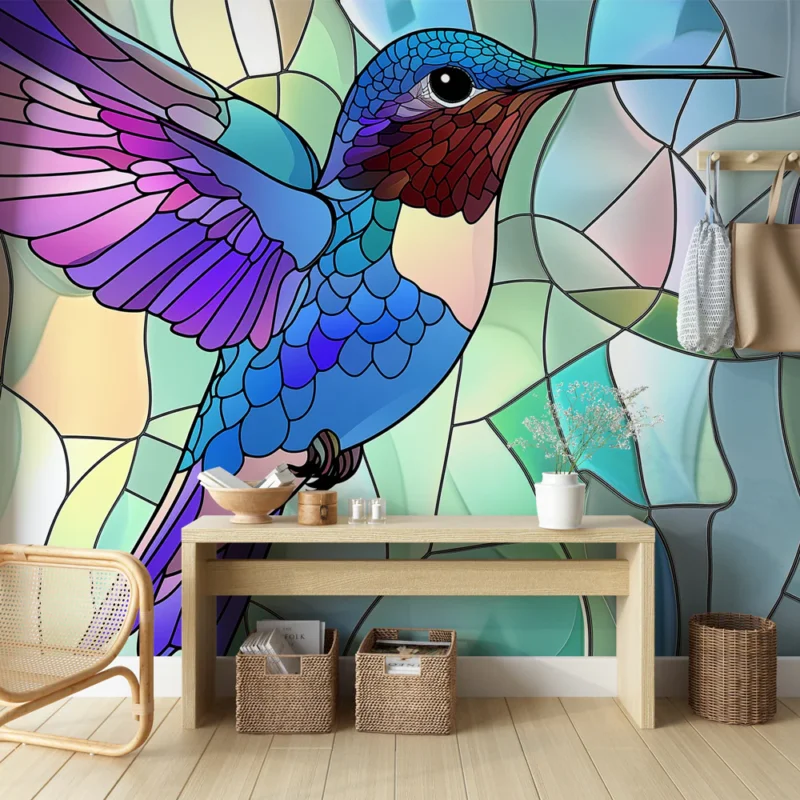 Papier peint colibri Colibri coloré sur fond de vitrail abstrait Commander Vite