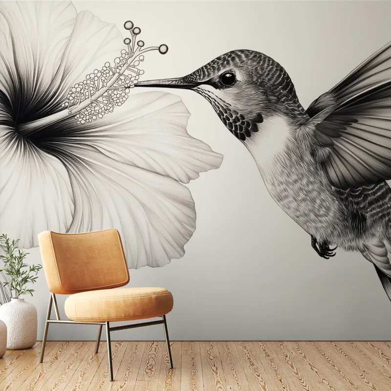 Papier peint colibri Illustration délicate d‘un colibri et d‘une fleur d‘hibiscus Offre Spéciale