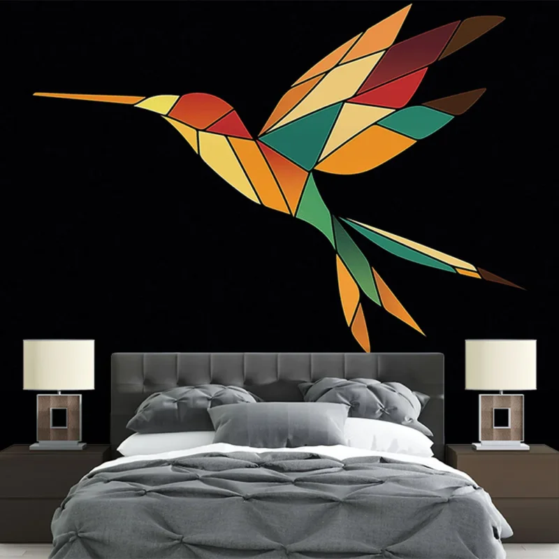 Must-Have Papier peint colibri Motif géométrique coloré sur fond noir