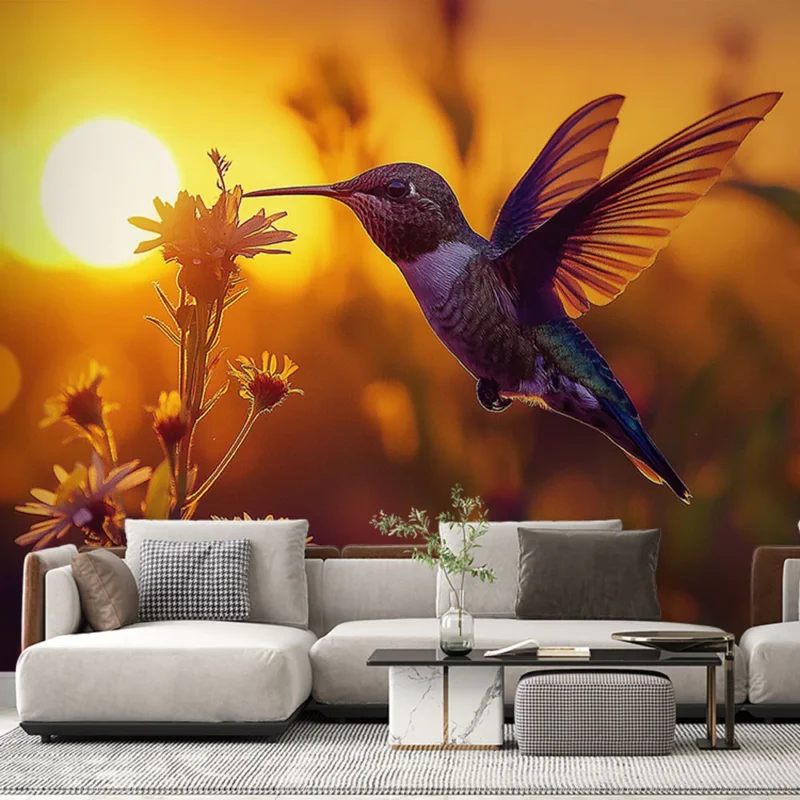 Papier peint colibri Colibris en plein vol au coucher du soleil Top Vente