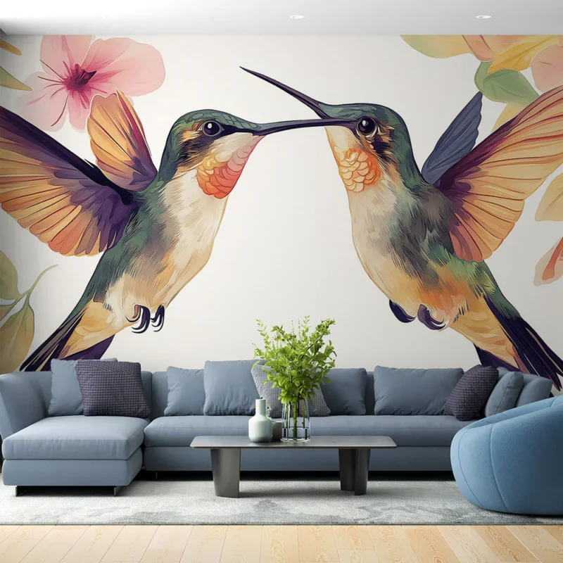 Achat Immédiat Papier peint colibris Deux colibris vibrants encadrés par des fleurs délicates