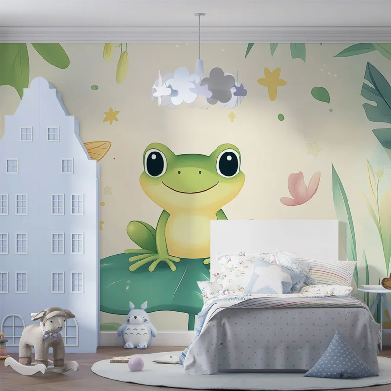 Offre Exclusive Papier peint grenouille Grenouille joyeuse sur une feuille parmi des fleurs colorées