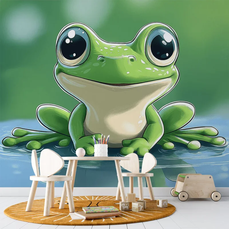 Achat Immédiat Papier peint grenouille mignonne Grenouille verte souriante sur fond aquatique