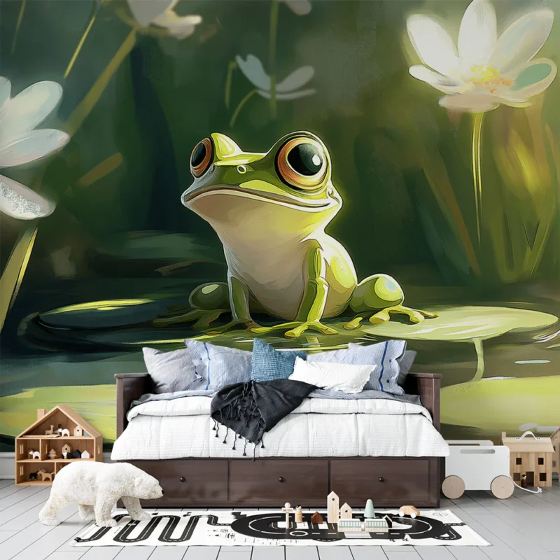Papier peint grenouille Grenouille joyeuse sur des nénuphars dans un paysage aquatique Authentique