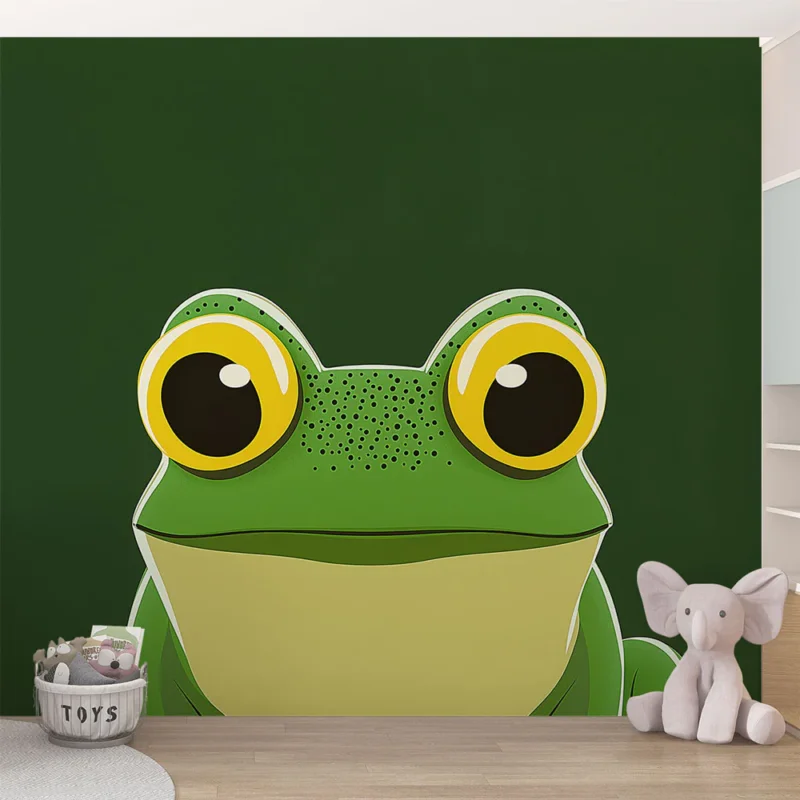 Papier peint grenouille Grenouille cartoon avec grands yeux jaunes sur fond vert Expédition Rapide